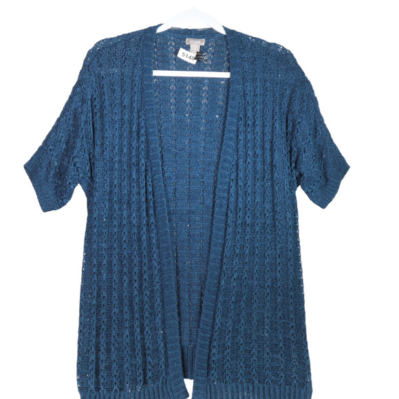 Chicos Cardigan Sweater Womens Size 2 Large Blue Tunic Open Short Sleeve - Picture 2 of 6